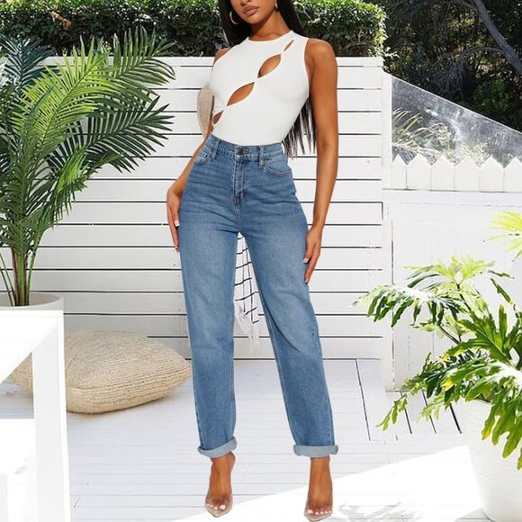 Women's Boyfriend Jeans Stretchy Ripped Distressed Denim Mom Jean Pants - Picture 5 of 6